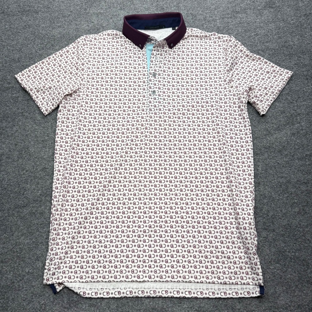 Greyson Clothiers Mens Small White Burgundy Logo Print Golf Polo Shirt Stretch